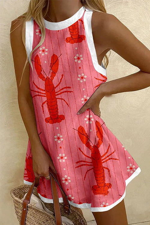 Margovil Sleeveless Lobster Print Striped Mini Dress