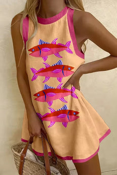 Margovil Sleeveless Cartoon Fish Print Color Block Mini Dress