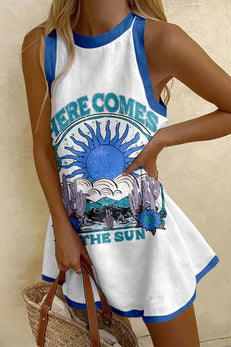 Margovil Round Neck Sleeveless Sun Print Mini Dress