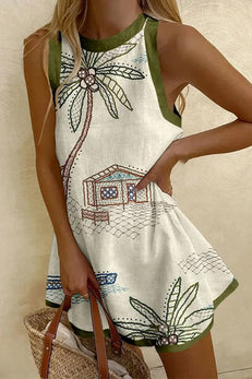 Margovil Round Neck Coconut Tree Print Mini Tank Dress