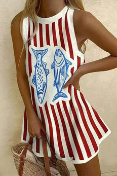 Margovil Crewneck Sleeveless Fish Print Striped Mini Dress
