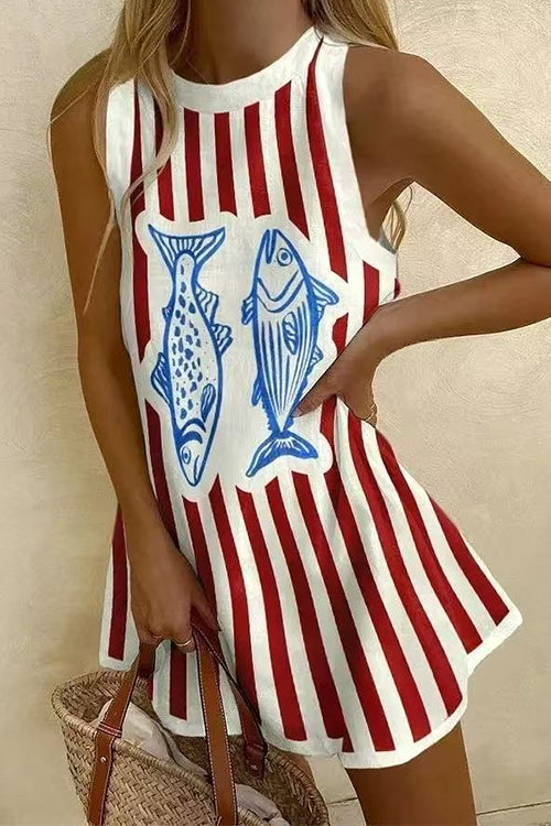 Margovil Crewneck Sleeveless Fish Print Striped Mini Dress