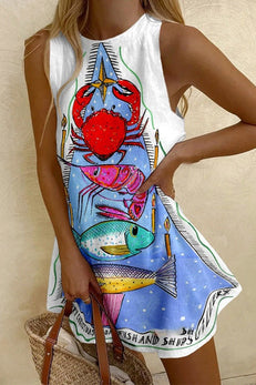 Margovil Crewneck Sleeveless Crab Shrimp Print Mini Dress