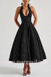 Margovil Halter V Neck Waisted Jacquard Swing Midi Party Dress
