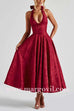 Margovil Halter V Neck Waisted Jacquard Swing Midi Party Dress