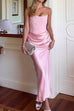 Margovil Strapless Ruched Satin Splice Bodycon Maxi Dress