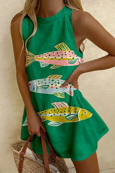 Margovil Crewneck Sleeveless Fish Print Mini Beach Dress