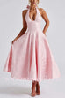 Margovil Halter V Neck Waisted Jacquard Swing Midi Party Dress