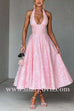 Margovil Halter V Neck Waisted Jacquard Swing Midi Party Dress