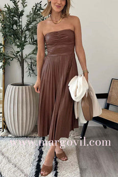 Strapless Pleated Faux Leather Midi Dress