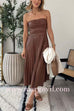 Strapless Pleated Faux Leather Midi Dress
