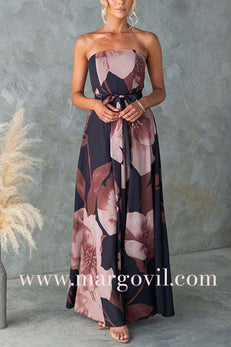 Strapless Tie Waist Floral Print Flowy Maxi Dress