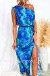 One Shoulder Tie Waist Slit Floral Print Maxi Dress