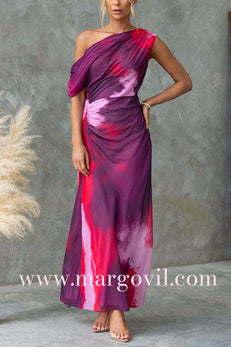 One Shoulder Ruched Waist Tie Dye Maxi Dress