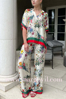 Wide Leg Color Block Floral Print Satin Pants