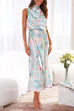 Margovil Irregular Tie Neck Waisted Floral Printed Maxi Satin Dress