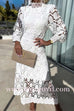 Margovil Mockneck Puff Sleeves Lace Hollow Out Mid Dress
