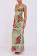 Margovil V Neck Sleeveless Rose Print Bodycon Maxi Dress