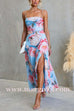 Strappy Ruched Waist Slit Floral Print Maxi Dress