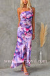 Sleeveless One Shoulder Ruched Floral Print Maxi Ruffle Dress