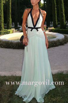Margovil Deep V Neck Halter Backless Color Block Bow Maxi Dress