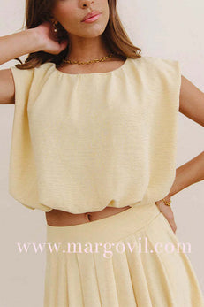 Round Neck Solid Balloon Crop Top