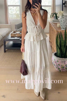 V Neck Tie Bow Sleeveless Ruffle Top and Tiered Swing Maxi Skirt Set