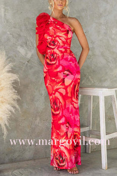 Margovil Ruffle One Shoulder Floral Print Bodycon Maxi Dress