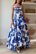 Strapless Ruched Bodice Full Skirt Floral Print Maxi Dress