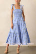 Tie Shoulder Smocked Ruffle Tiered Floral Print Midi Dress