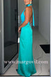 Deep V Neck Halter Open Back Color Block Satin Maxi Dress