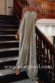 V Neck Strapless Pleated Maxi Party Dress