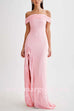 Margovil Off Shoulder Back Cut Out Ruffle Slit Maxi Dress