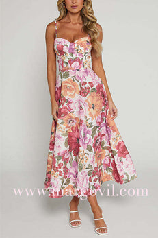 Spaghetti Strap High Waist Floral Print Midi Dress