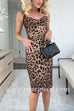 V Neck Leopard Splice Bodycon Midi Cami Dress