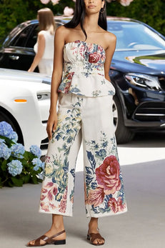 Margovil Floral Print Strapless Ruffle Tube Top and Smocked Waist Wide Leg Pants
