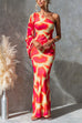 One Shoulder Bell Sleeve Backless Printed Maxi Dress