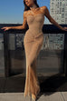 Margovil Strapless Ruched Glitter Mesh Bodycon Maxi Gown