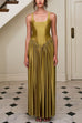 U Neck Sleeveless Pleated Satin Maxi Dress