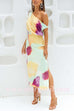 Asymmetric Shoulder Waisted Tie Dye Slit Maxi Dress