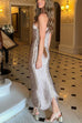 Margovil Halter Sleeveless Draped Fringe Bodycon Maxi Dress