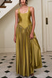 U Neck Sleeveless Pleated Satin Maxi Dress