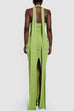Halter Sleeveless Tie Front Back Slit Bodycon Maxi Dress