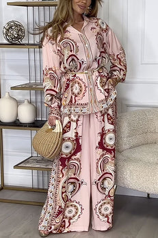 Margovil Unique Print Long Sleeves Button Up Shirt and Wide Leg Palazzo Pants Set