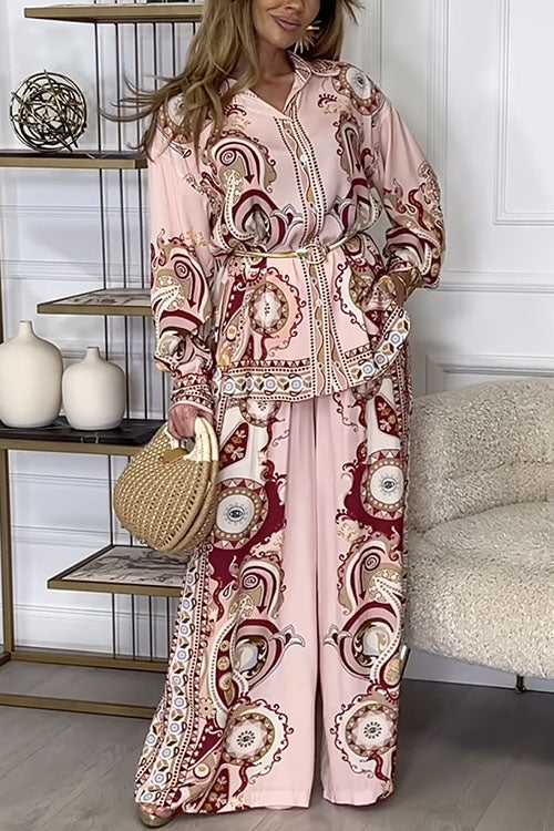 Margovil Unique Print Long Sleeves Button Up Shirt and Wide Leg Palazzo Pants Set