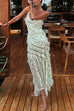 Spaghetti Strap Ruffle Trim Slit Floral Print Maxi Dress