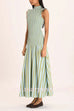 High Neck Sleeveless Smocked Bodice Striped Midi Dress