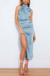 Margovil Turtleneck Sleeveless Waisted Slit Midi Satin Dress