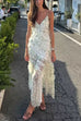 Spaghetti Strap Ruffle Trim Slit Floral Print Maxi Dress