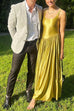 U Neck Sleeveless Pleated Satin Maxi Dress